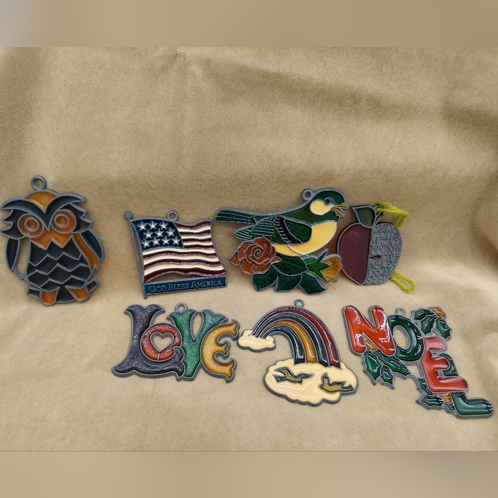 7 Vintage Suncatchers Christmas Colorful Noel Bird God Bless America